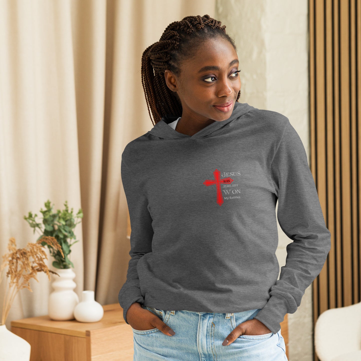 "Jesus Won my Battles" Light weight Hooded long-sleeve tshirt BC-3512