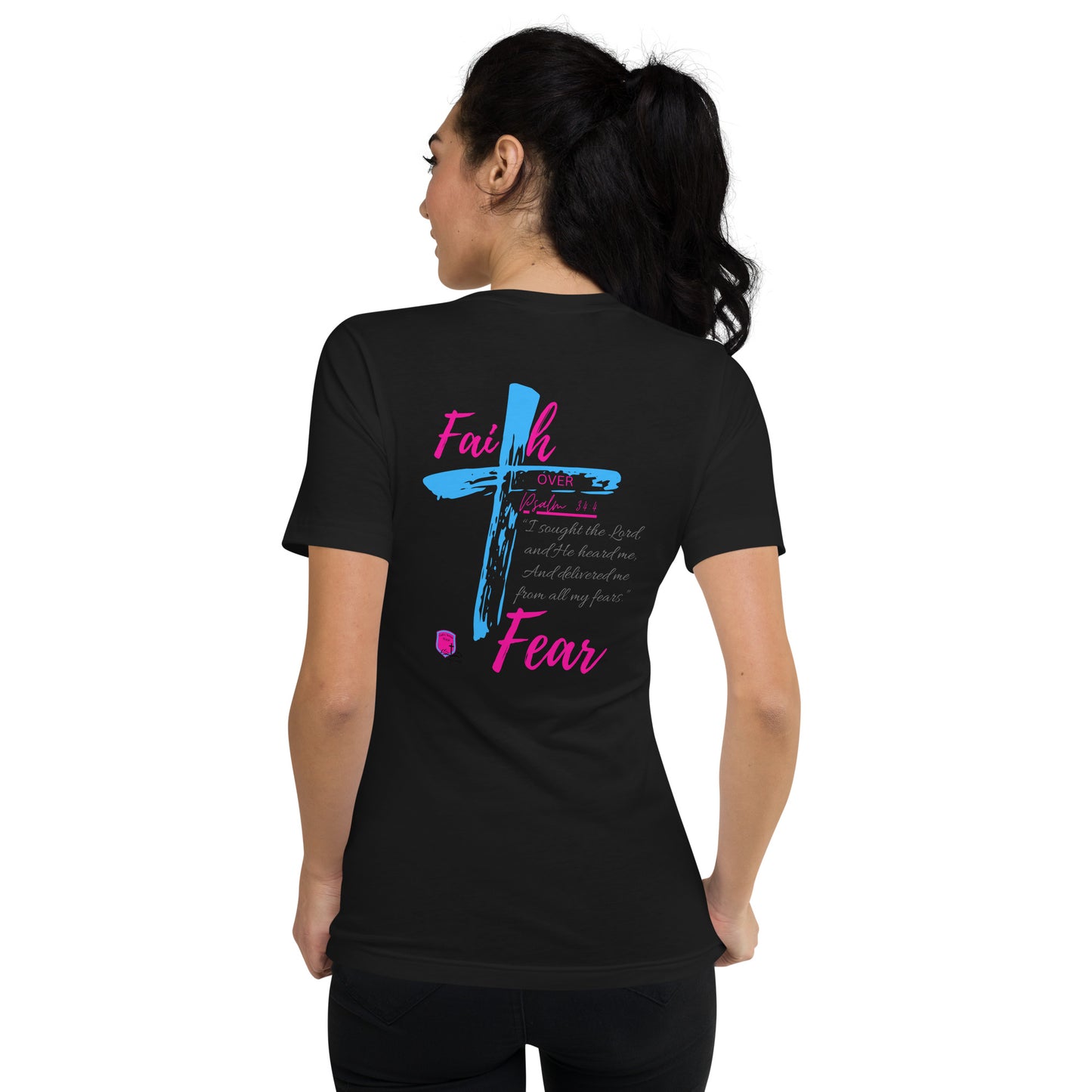 "Faith over Fear" Pre Shrunk V-Neck T-Shirt pnk/blu BC-3005