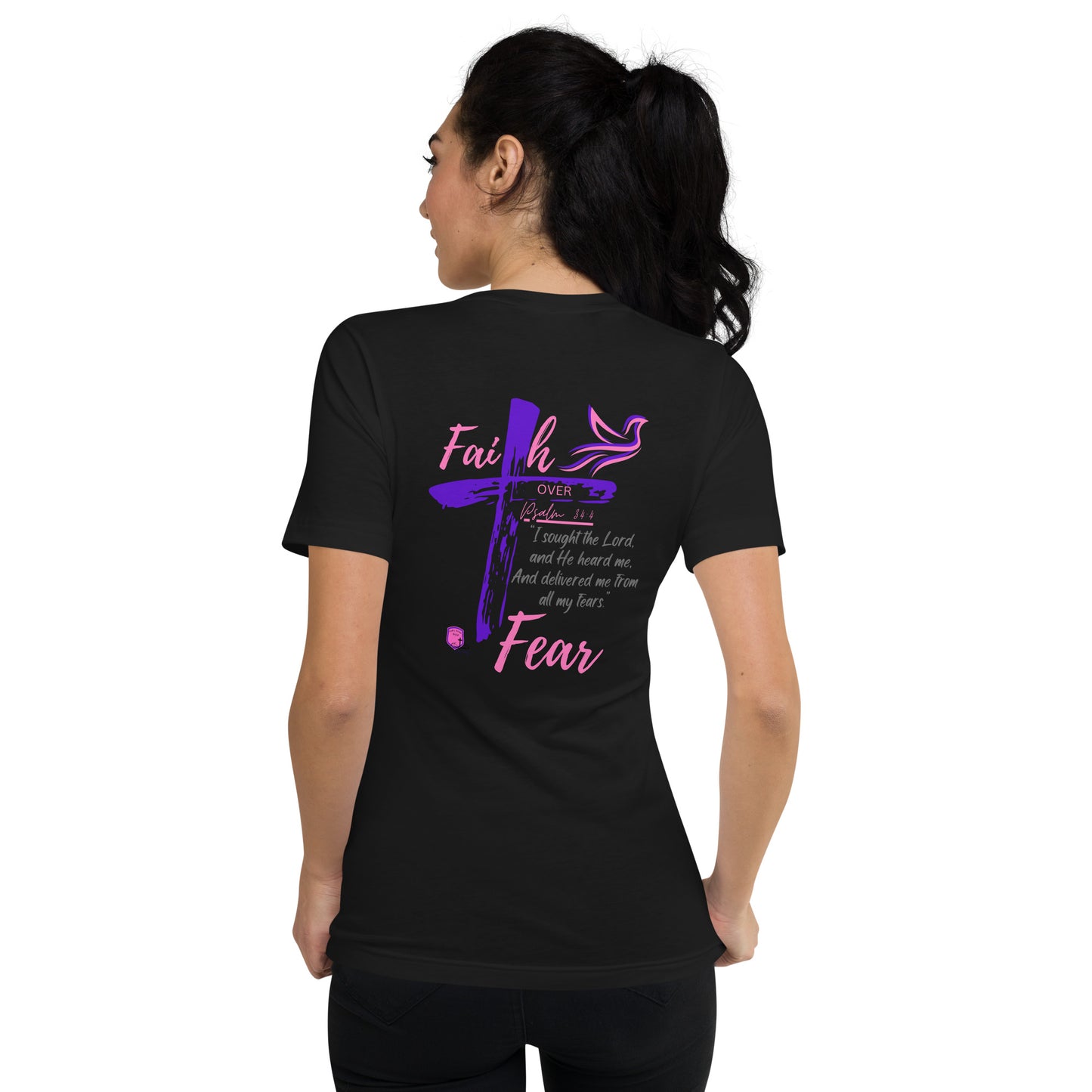 "Faith over Fear" Pre Shrunk V-Neck T-Shirt Pnk/Prpl BC-3005