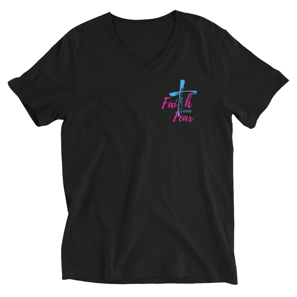 "Faith over Fear" Pre Shrunk V-Neck T-Shirt pnk/blu BC-3005