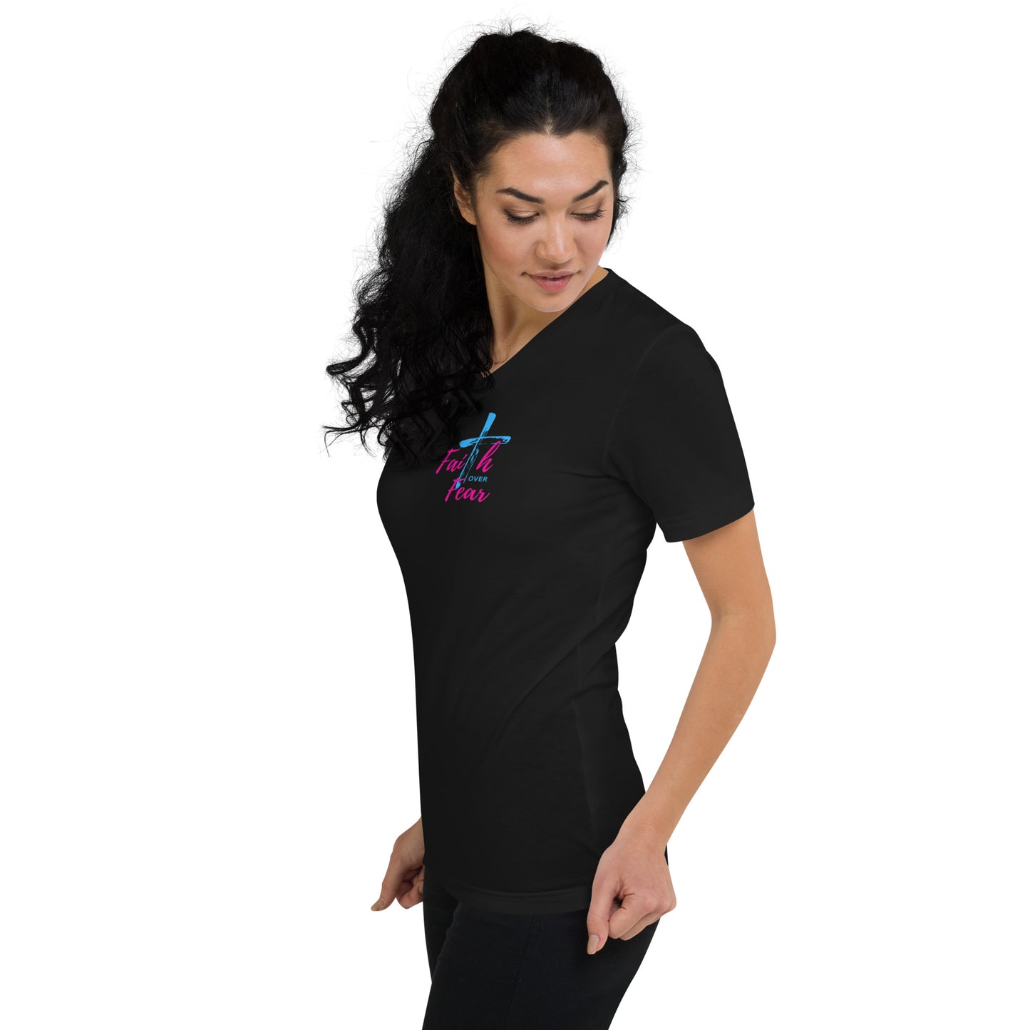 "Faith over Fear" Pre Shrunk V-Neck T-Shirt pnk/blu BC-3005