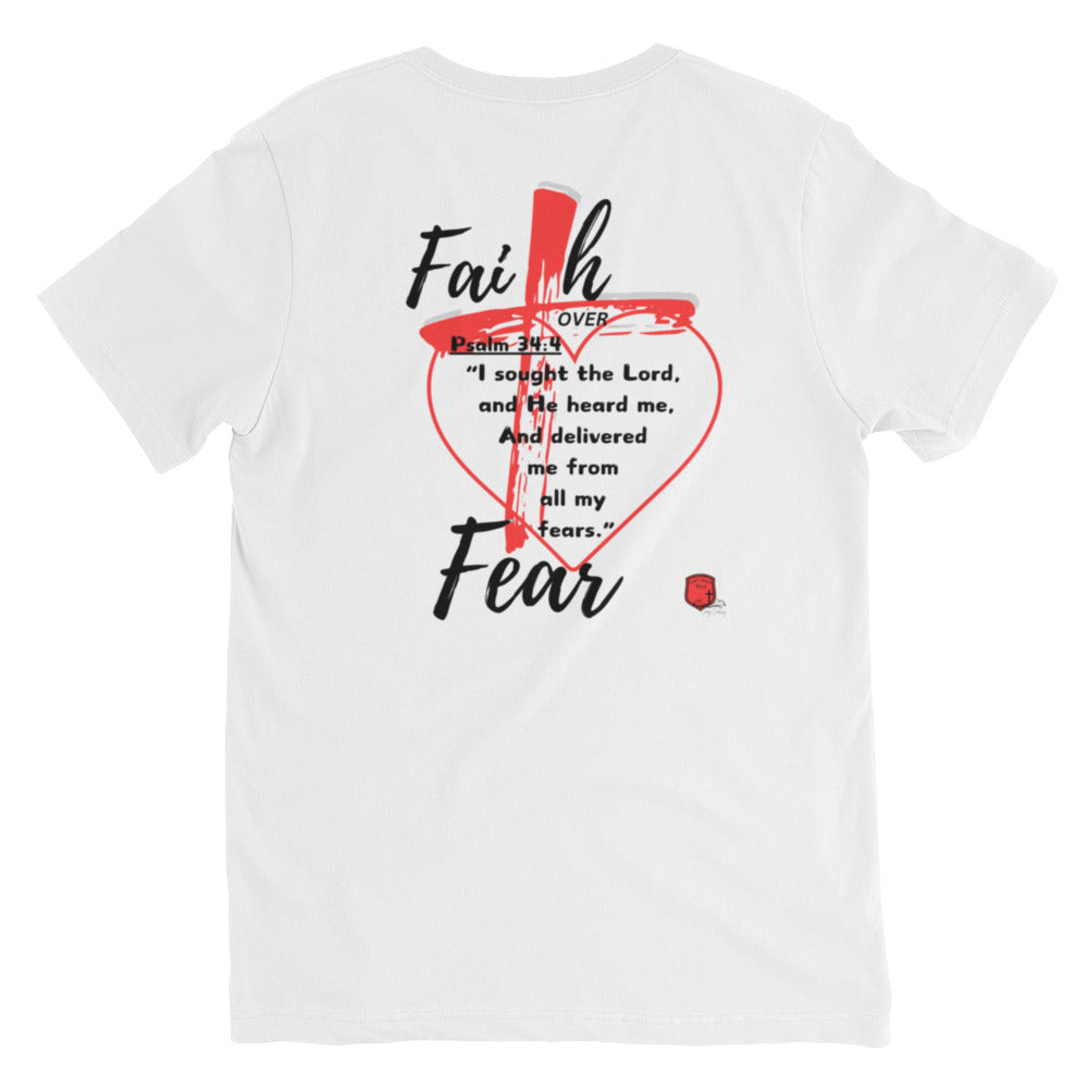 "Faith over Fear" Pre Shrunk Heart Short Sleeve V-Neck T-Shirt Blk/RD BC-3005