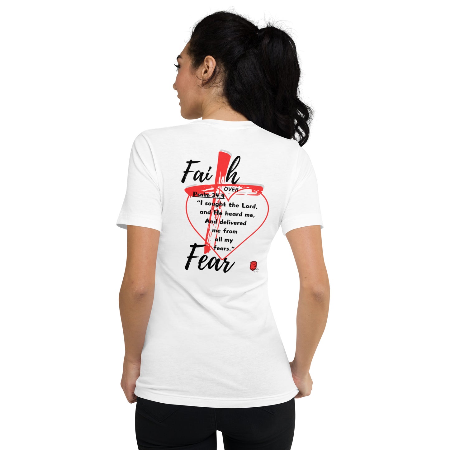 "Faith over Fear" Pre Shrunk Heart Short Sleeve V-Neck T-Shirt Blk/RD BC-3005