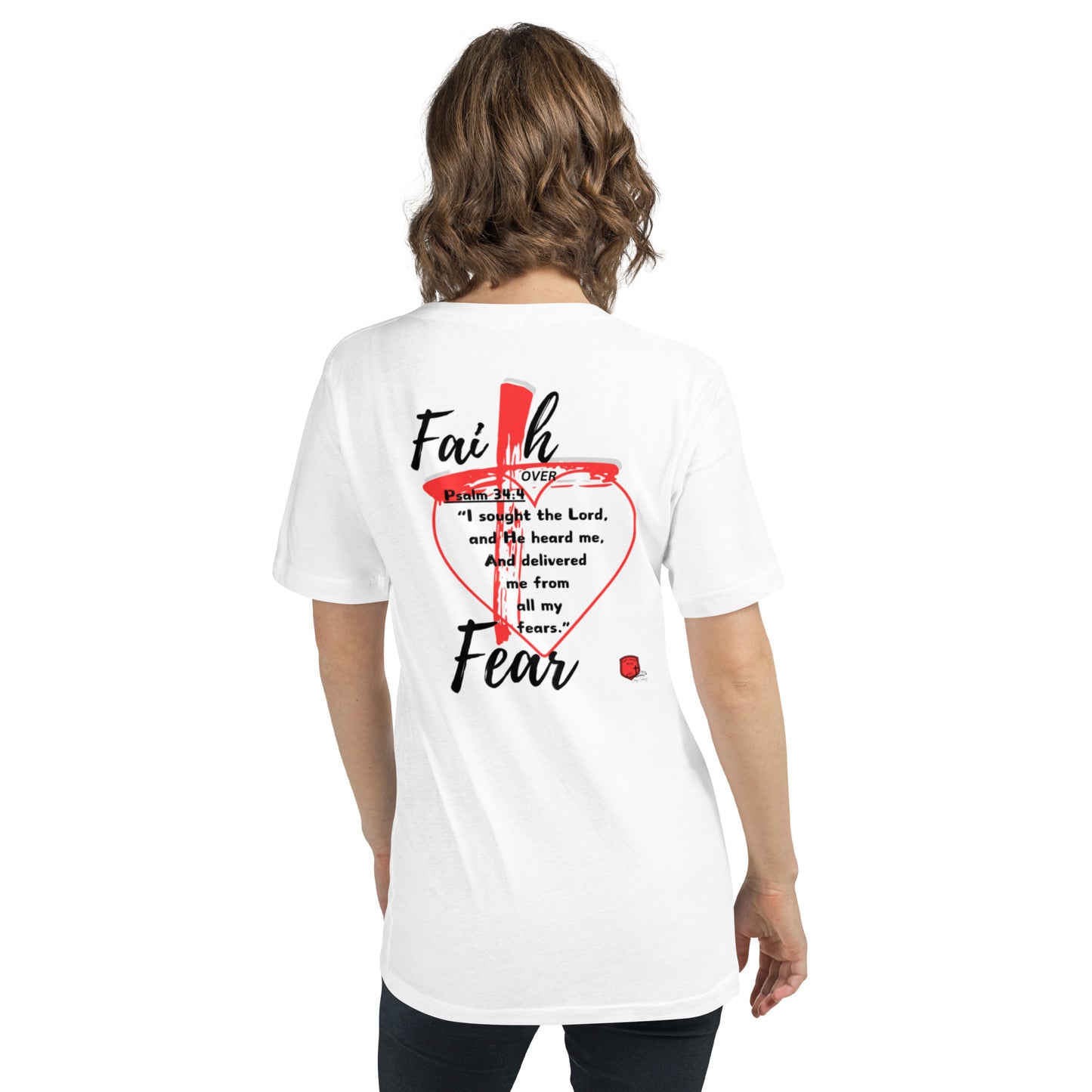 "Faith over Fear" Pre Shrunk Heart Short Sleeve V-Neck T-Shirt Blk/RD BC-3005