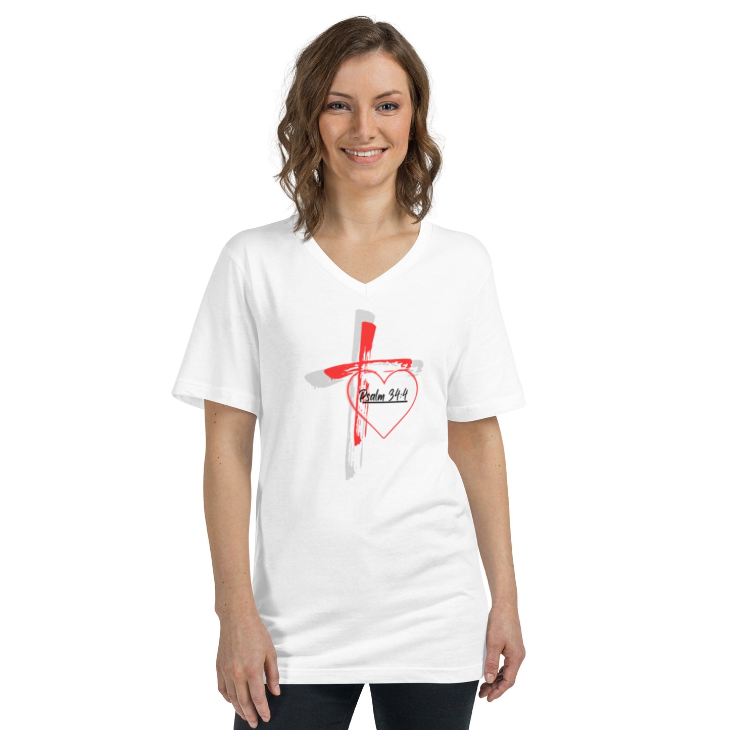 "Faith over Fear" Pre Shrunk Heart Short Sleeve V-Neck T-Shirt Blk/RD BC-3005