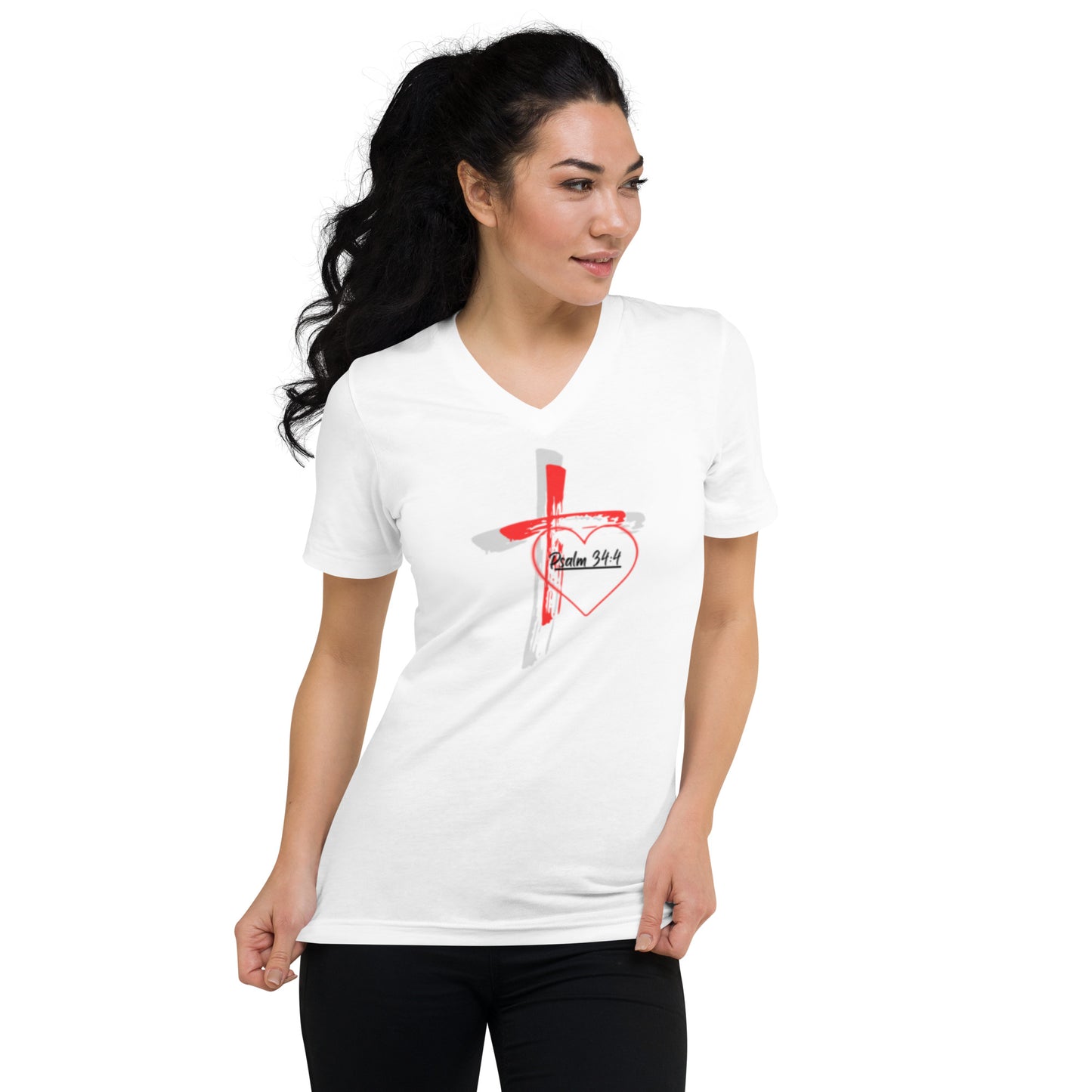 "Faith over Fear" Pre Shrunk Heart Short Sleeve V-Neck T-Shirt Blk/RD BC-3005