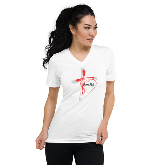 "Faith over Fear" Pre Shrunk Heart Short Sleeve V-Neck T-Shirt  Blk/RD BC-3005
