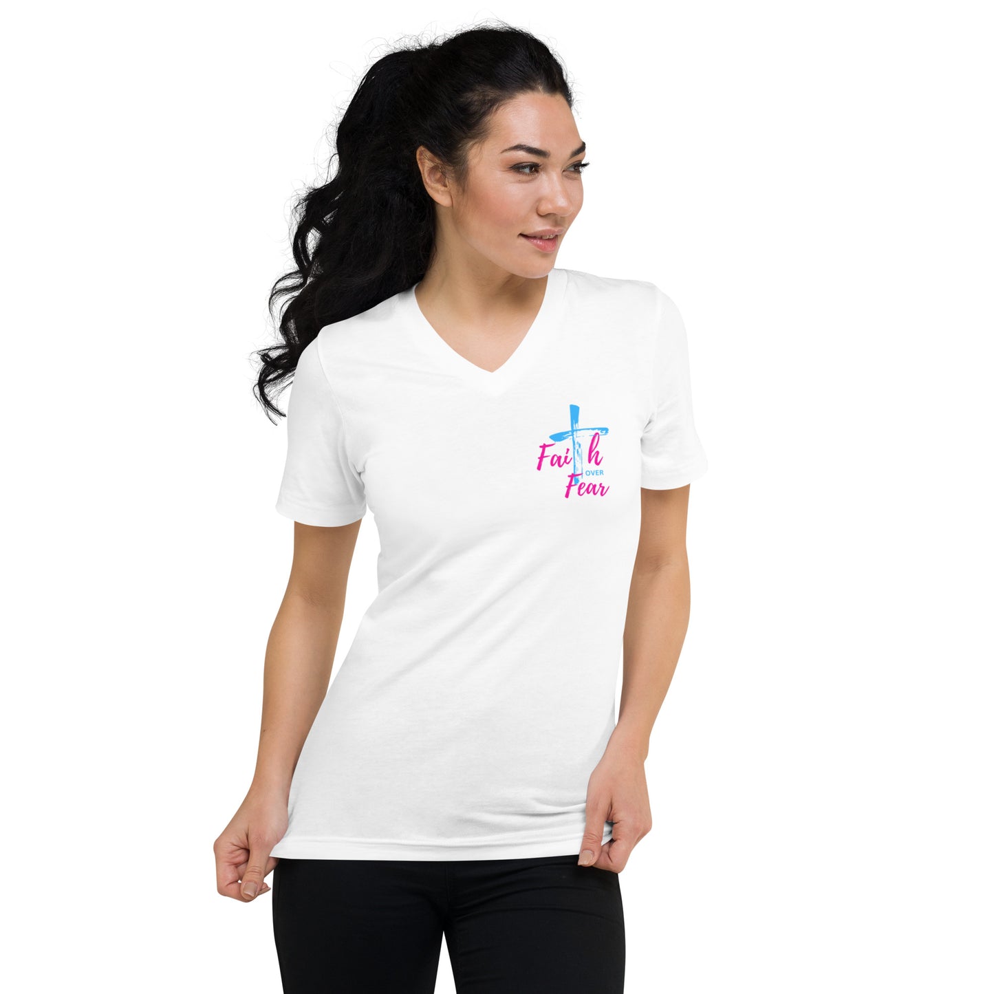 "Faith over Fear" Pre Shrunk V-Neck T-Shirt pnk/blu BC-3005