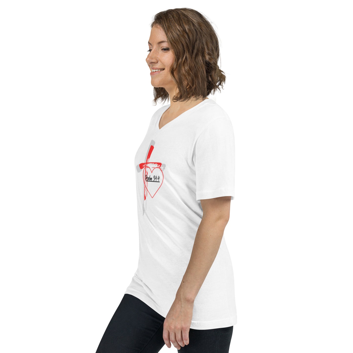 "Faith over Fear" Pre Shrunk Heart Short Sleeve V-Neck T-Shirt Blk/RD BC-3005