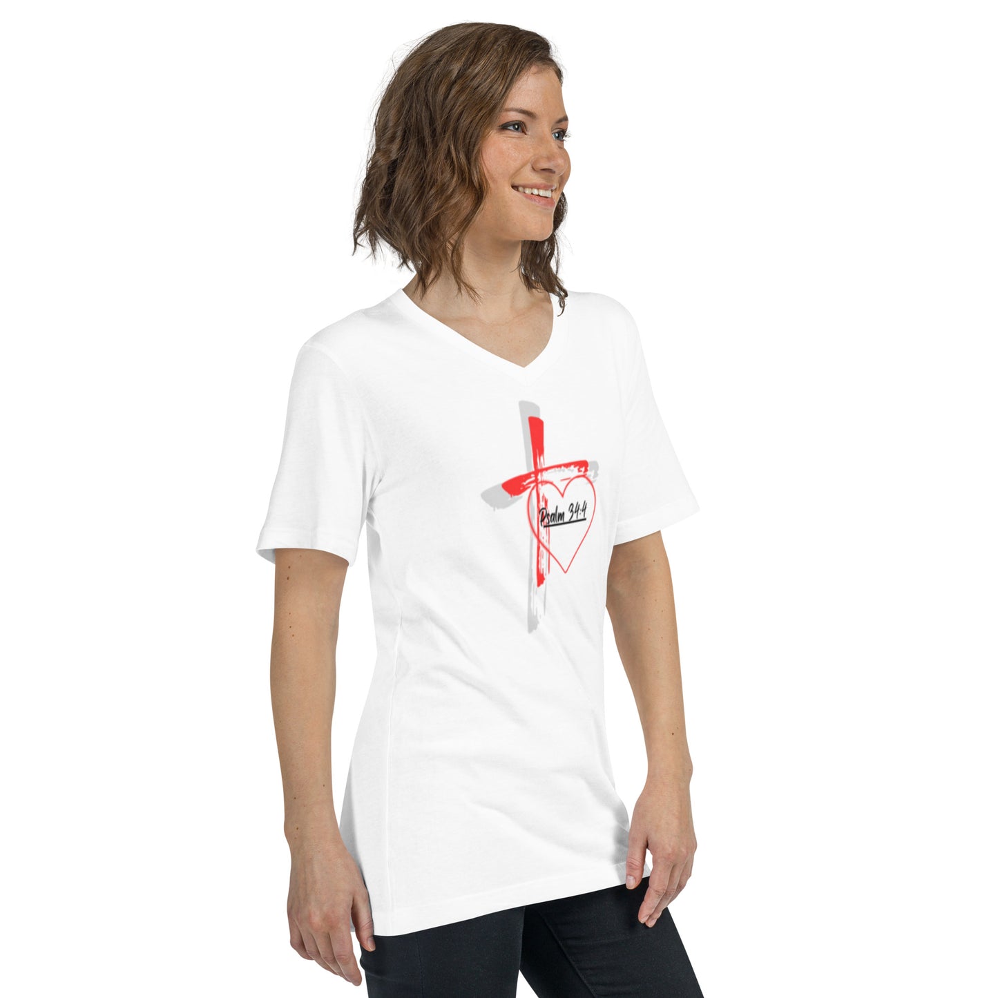 "Faith over Fear" Pre Shrunk Heart Short Sleeve V-Neck T-Shirt Blk/RD BC-3005