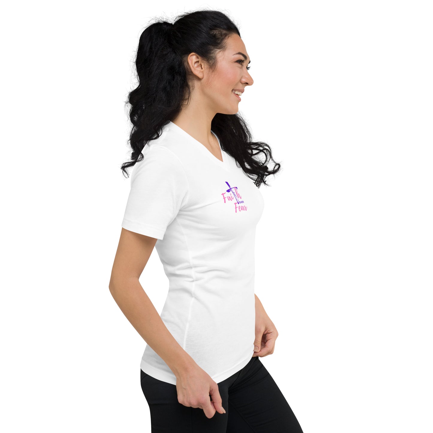 "Faith over Fear" Pre Shrunk V-Neck T-Shirt Pnk/Prpl BC-3005