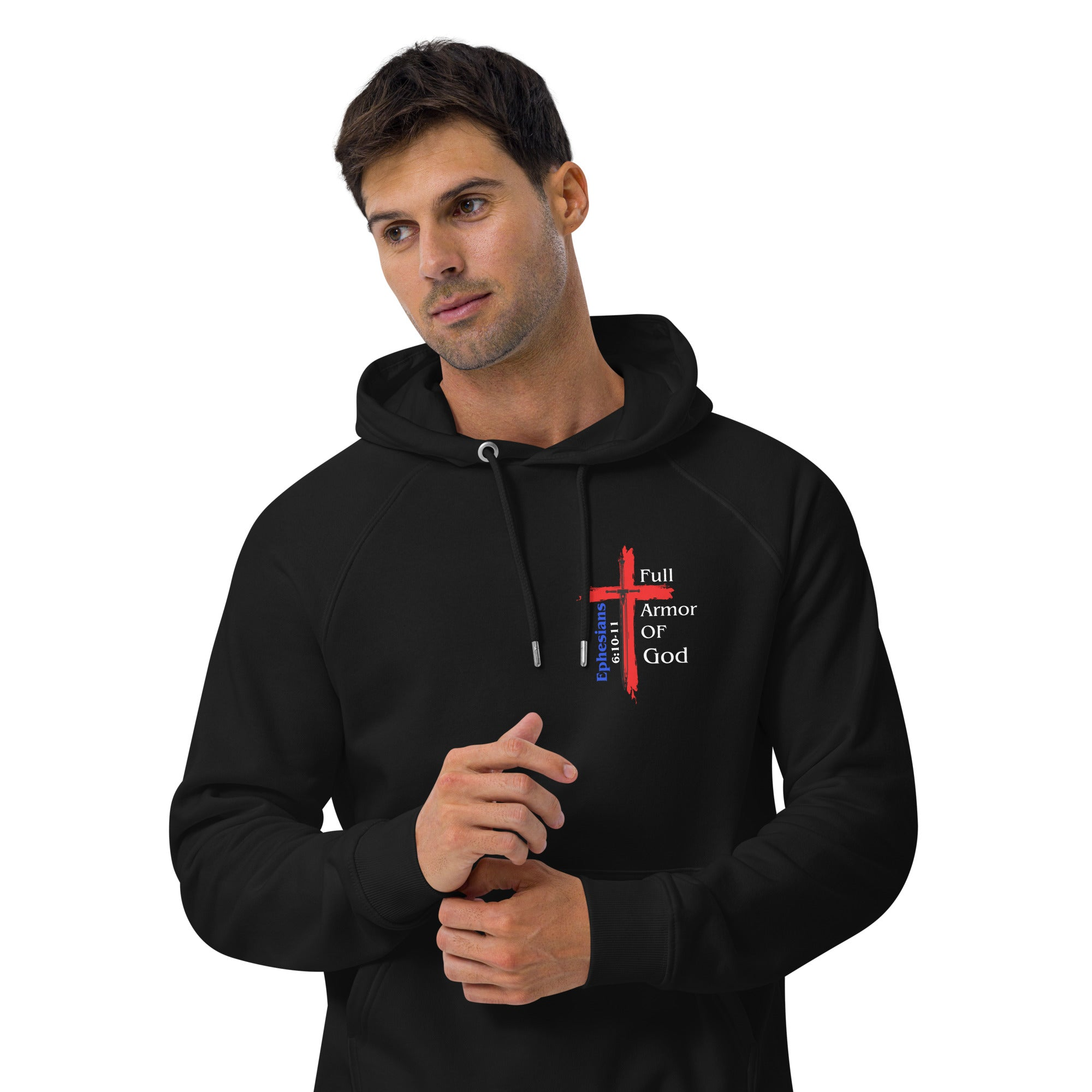 Black Hoodie with Red Cross with sword inside cross. Ephesians 6:10 scrpiture also quoted.  Large Full Armor of God headline