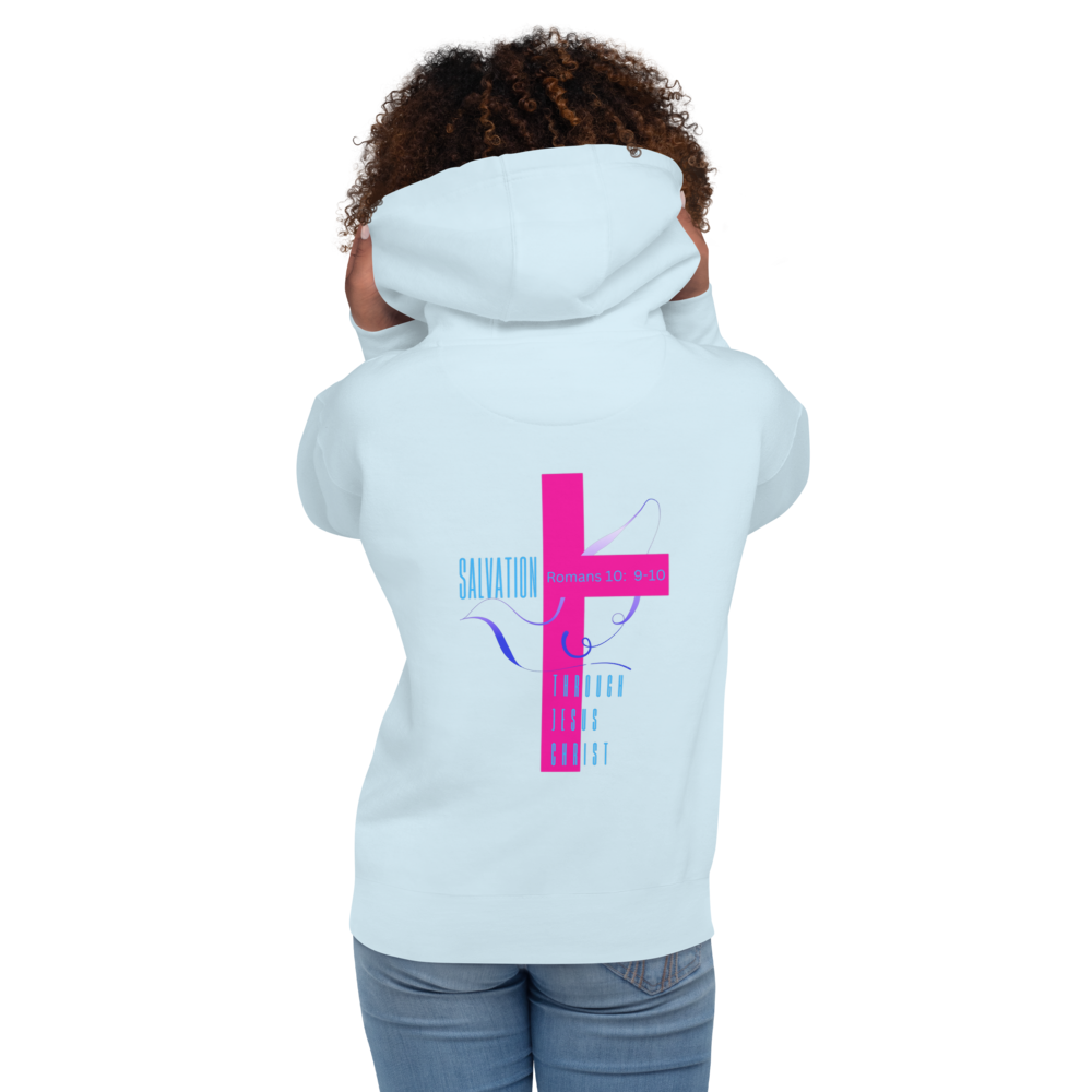 light blue hoodie,pink cross & dove art around cross. Salvation,Romans 10:9-10