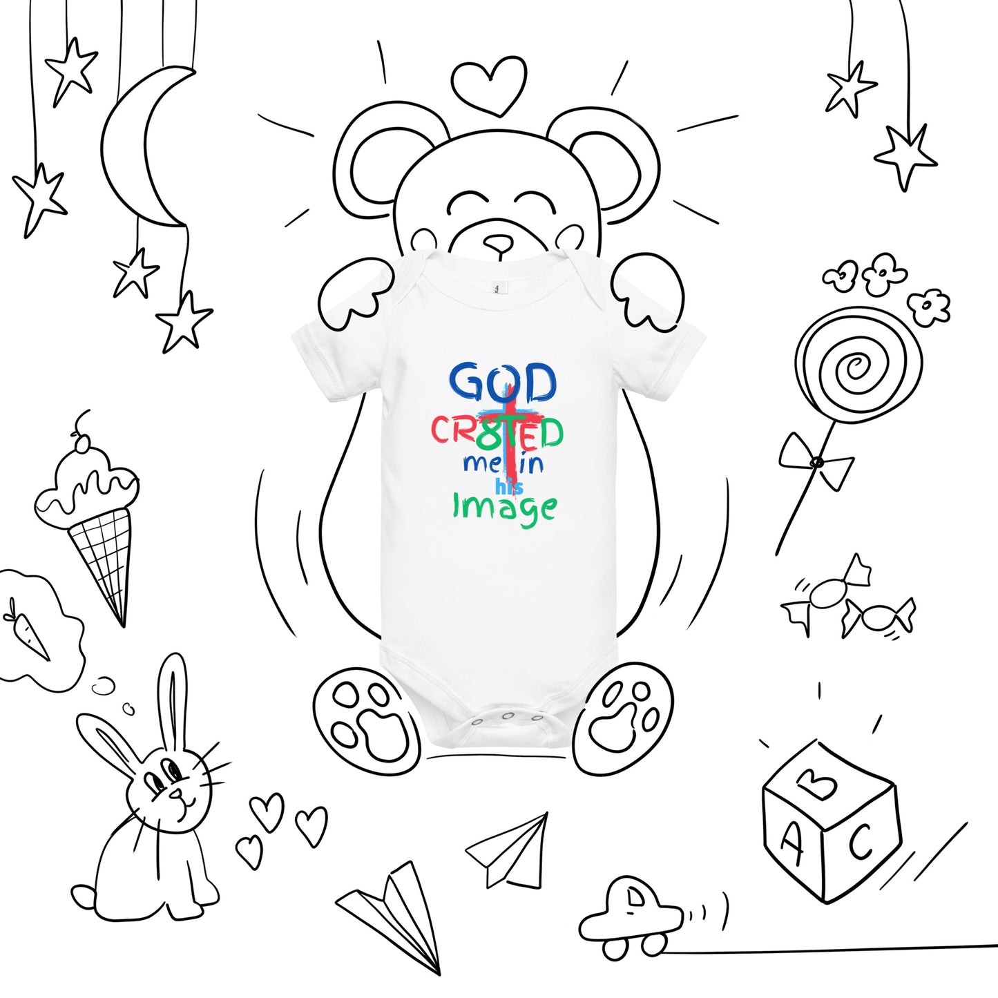 "God CR8tED me in his Image " Baby short sleeve one piece