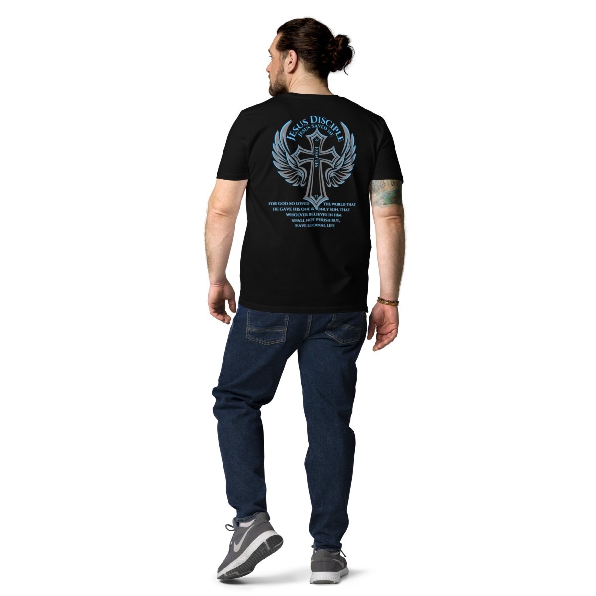 John 3:16 (Jesus saves) organic black cotton t-shirt - Cross with Angel Wings-God's Armor Wear