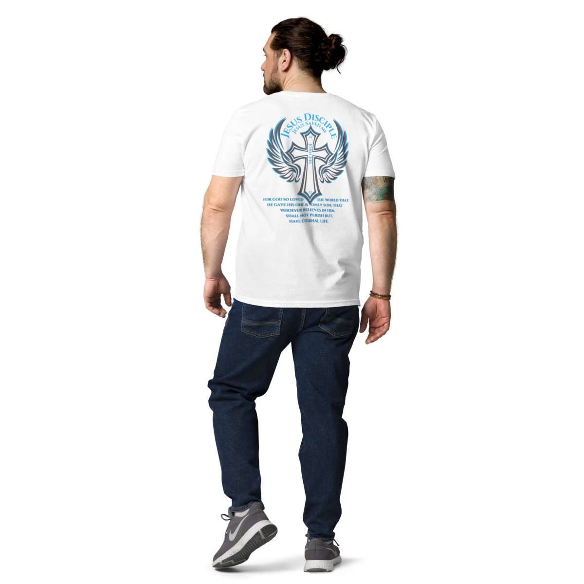 John 3:16 (Jesus saves) organic white cotton t-shirt - Cross with Angel wings- Scripture - God's Armor Wear