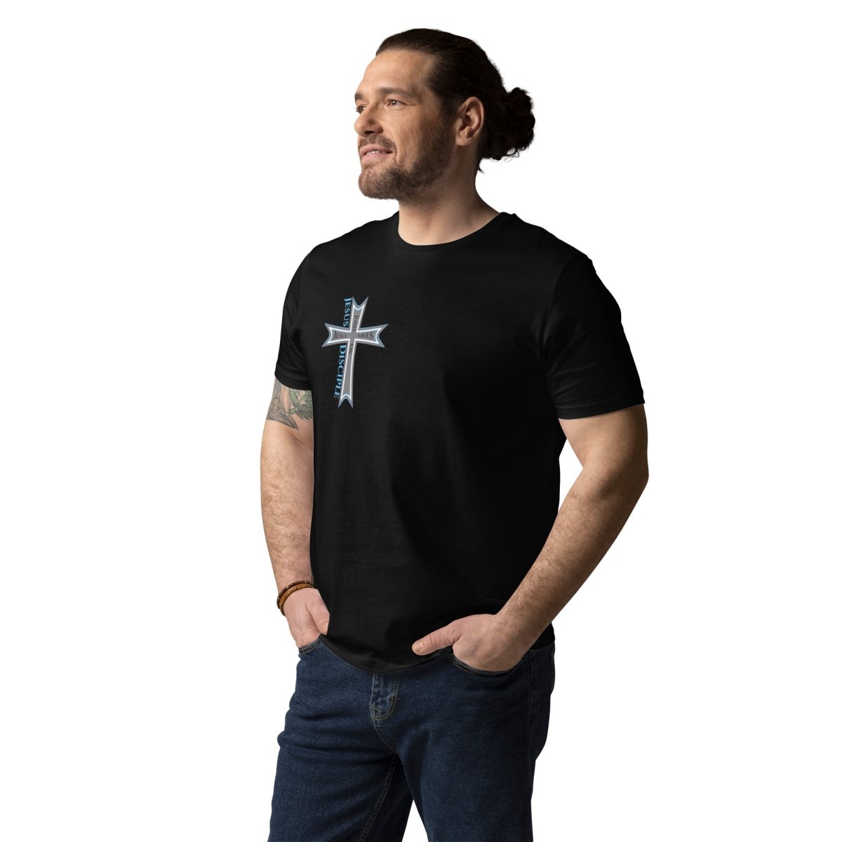 John 3:16 (Jesus saves) organic black cotton t-shirt -Jesus Disciple-Cross- God's Armor Wear