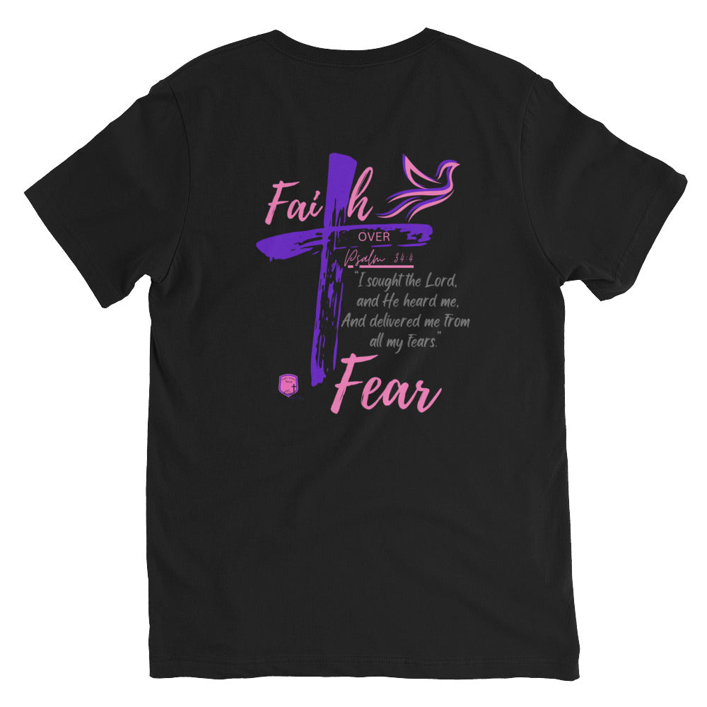 "Faith over Fear" Pink/Purple Short Sleeve V-Neck T-Shirt