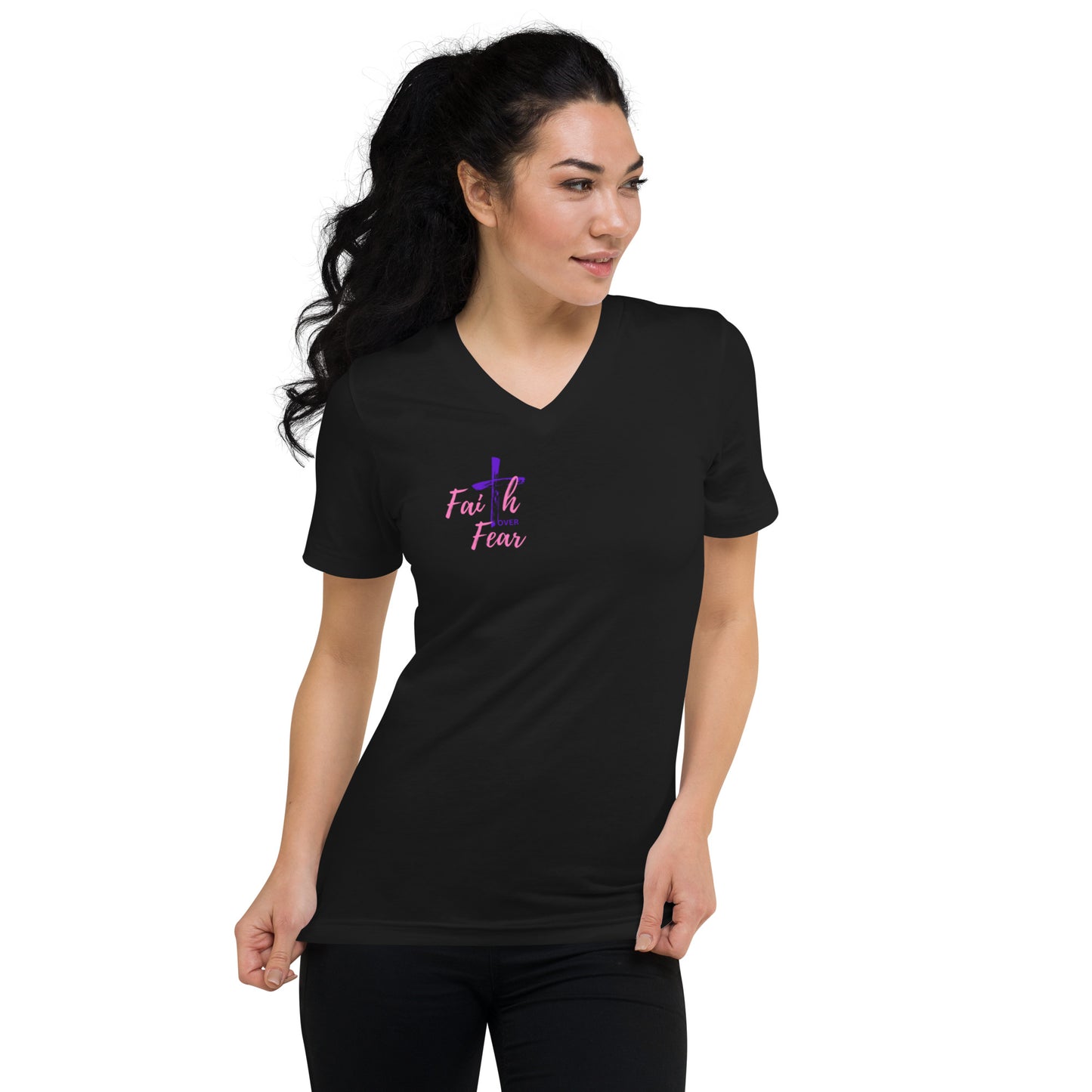 "Faith over Fear" Pink/Purple Short Sleeve V-Neck T-Shirt