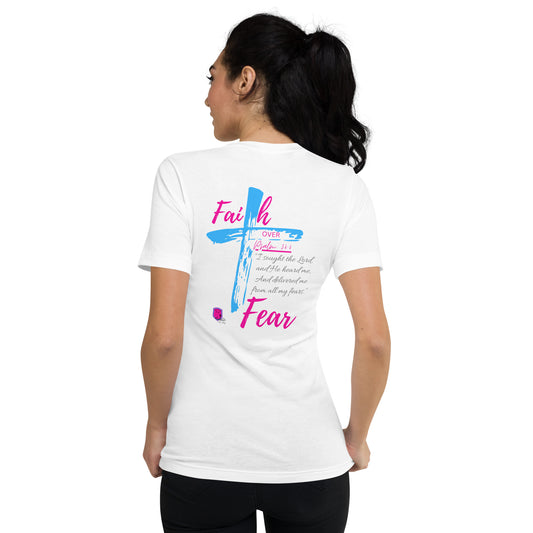 "Faith over Fear" Pre Shrunk V-Neck T-Shirt pnk/blu BC-3005