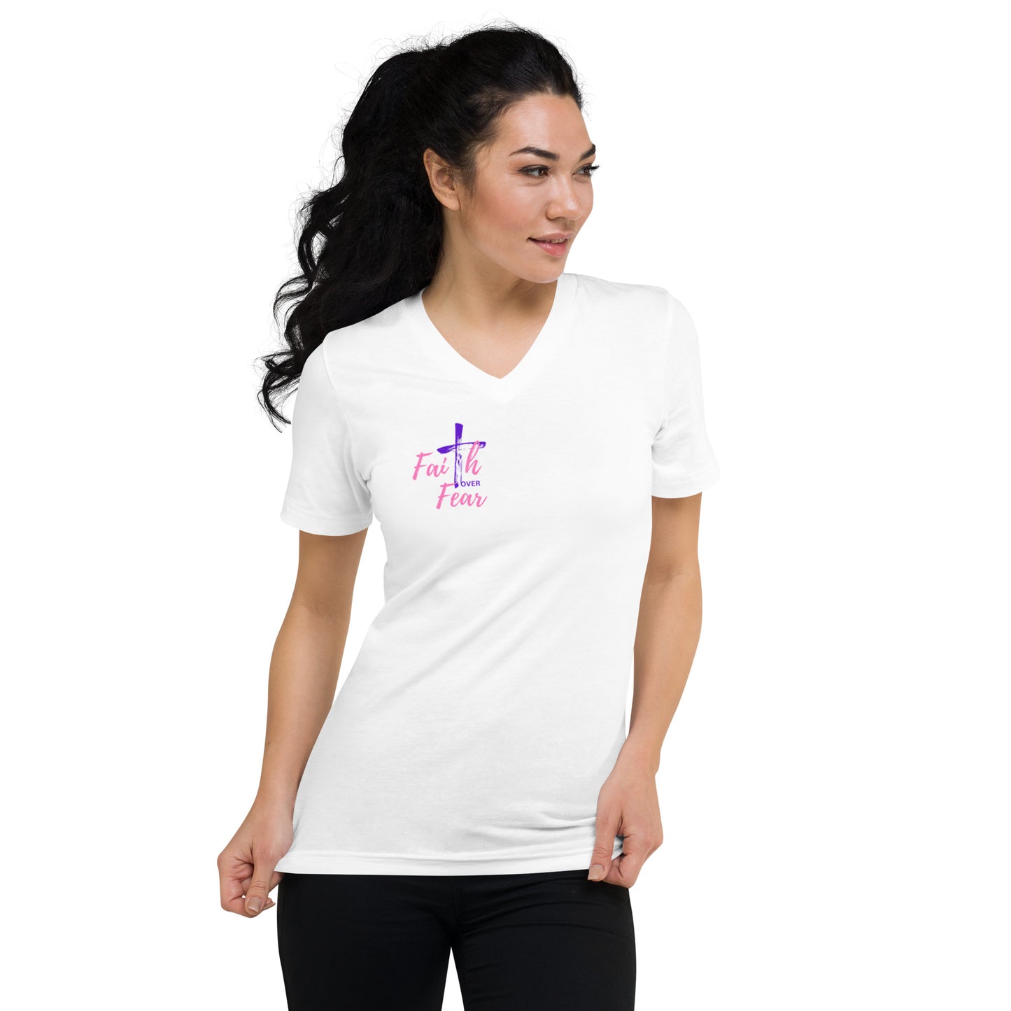 "Faith over Fear" Pink/Purple Short Sleeve V-Neck T-Shirt